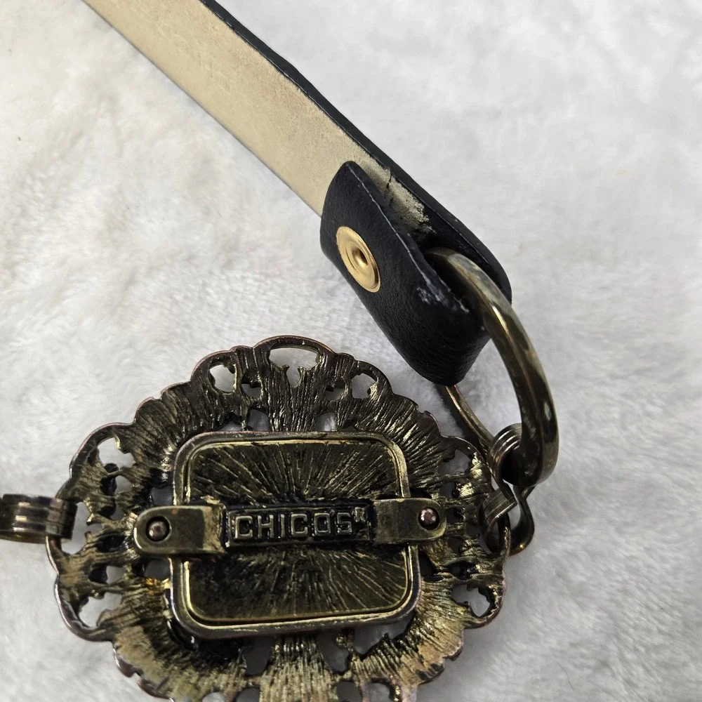 Chicos Black Leather Belt Gold Filigree Medallion Black Stone Size Small Medium